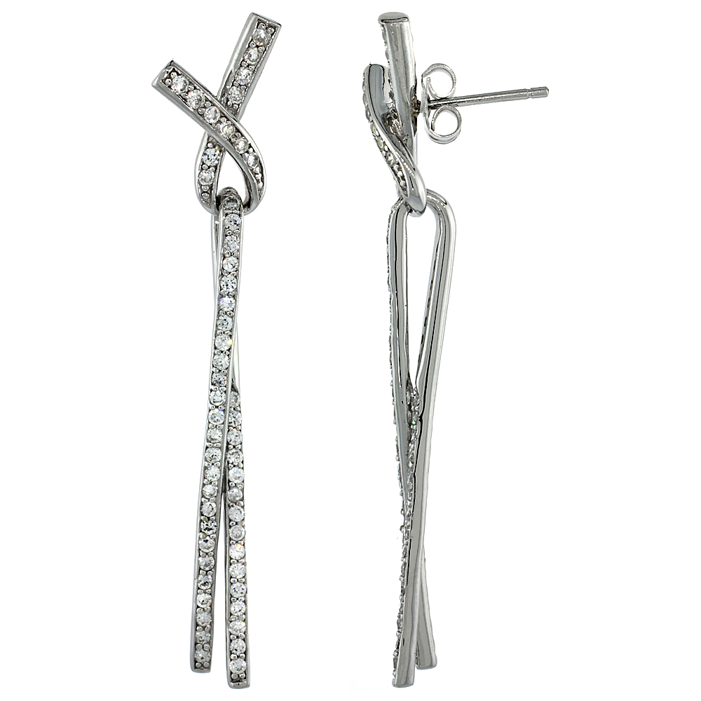 Sterling Silver Ribbon Knot Lace Dangle Earrings w/ Brilliant Cut CZ Stones, 2 3/16 in. (56 mm) tall