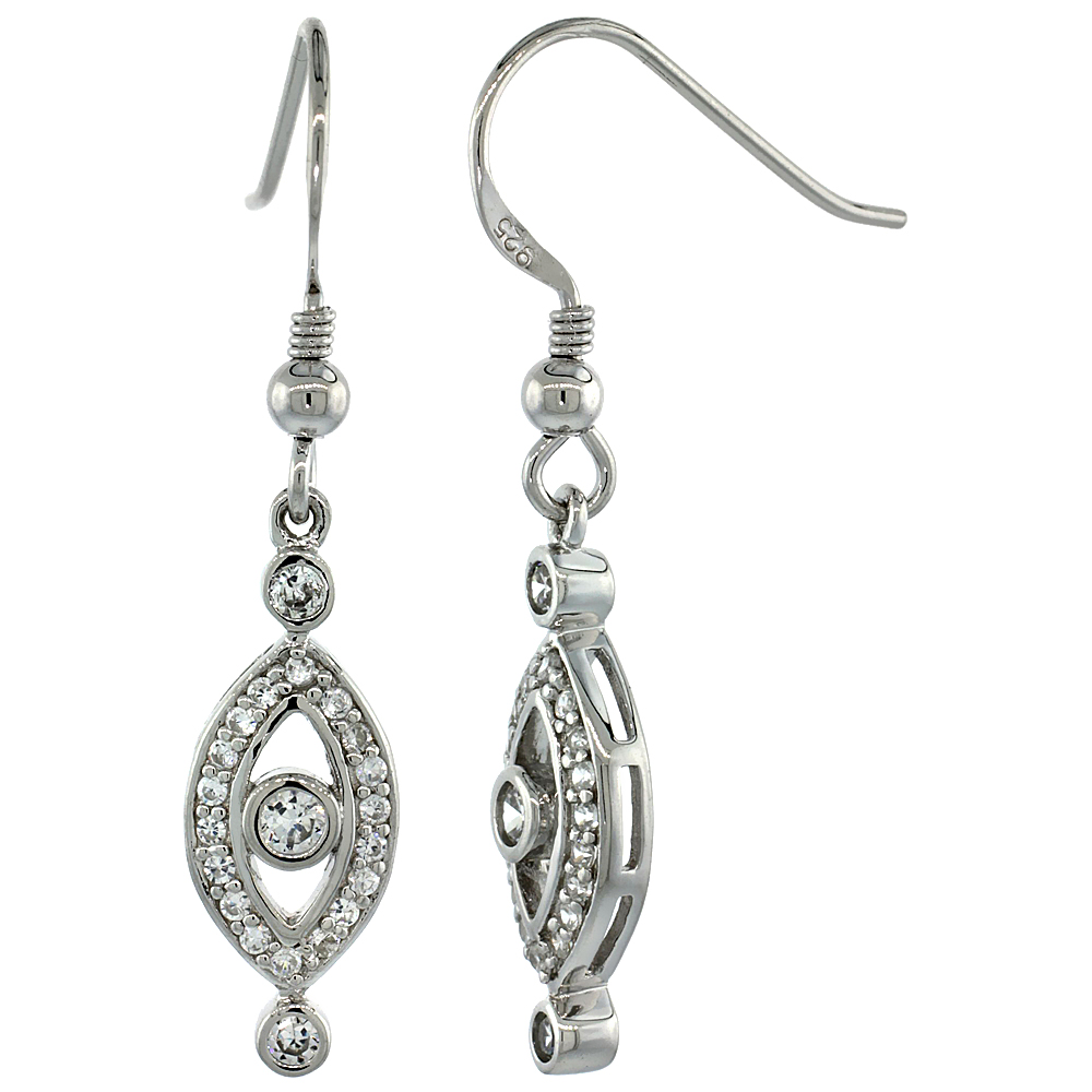 Sterling Silver Marquise Shape Cut Out Dangle Earrings w/ Brilliant Cut CZ Stones, 1 1/2 in. (38 mm) tall