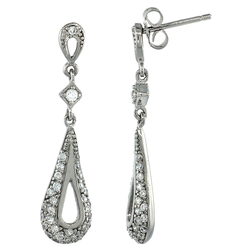 Sterling Silver Teardrop Cut Out Dangle Earrings w/ Brilliant Cut CZ Stones, 1 7/16 in. (37 mm) tall