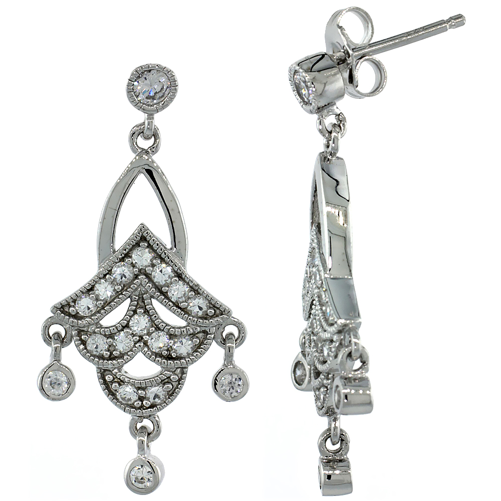 Sterling Silver Dangle Chandelier Earrings w/ Brilliant Cut CZ Stones, 1 3/16 in. (31 mm) tall