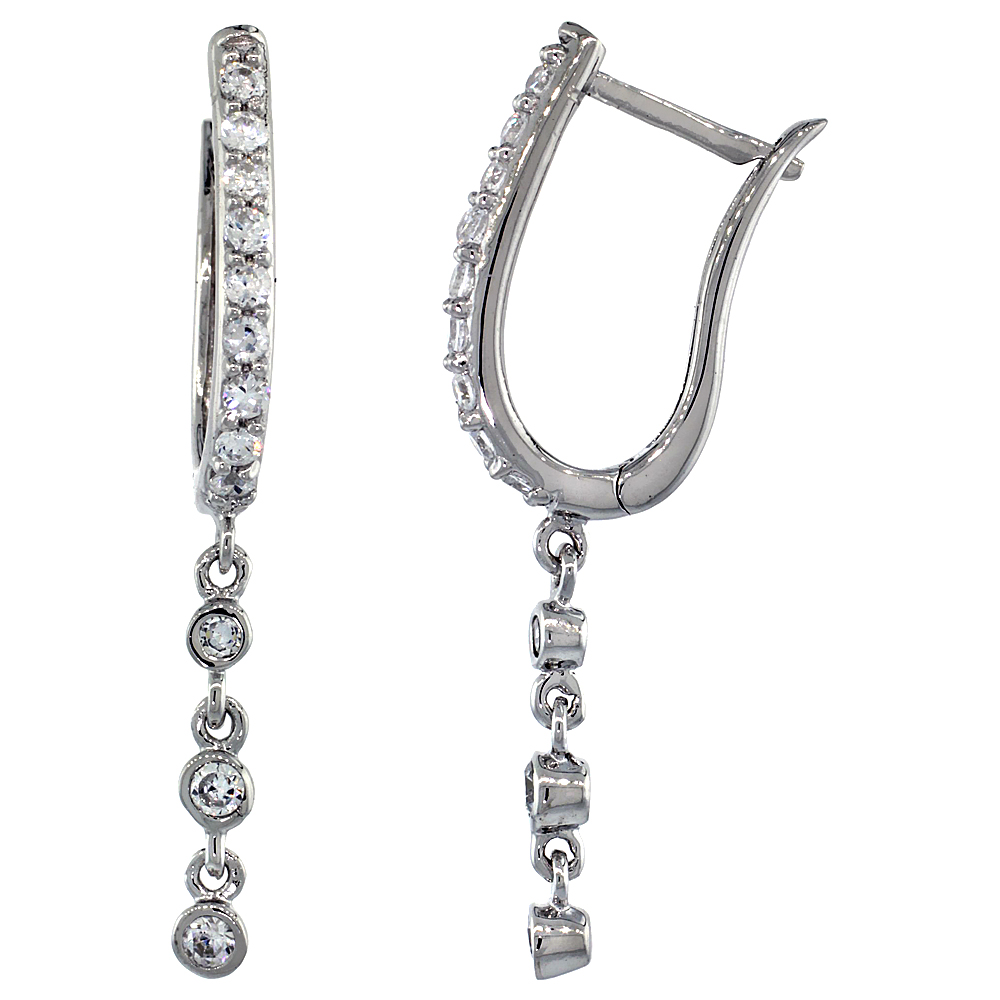 Sterling Silver U-shaped Dangle Earrings w/ Brilliant Cut CZ Stones, 1 3/8 in. (35 mm) tall