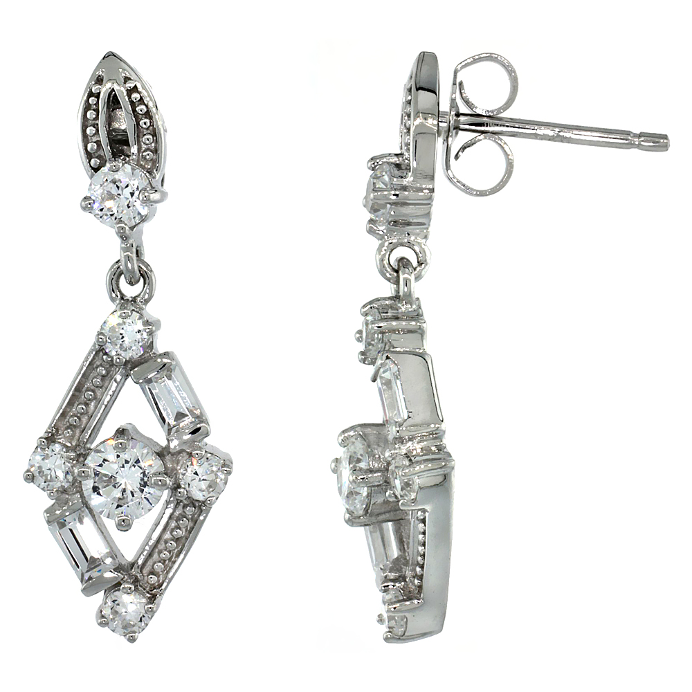 Sterling Silver Diamond Cut Out Dangle Earrings w/ Baguette & Brilliant Cut CZ Stones, 1 1/16 in. (27 mm) tall