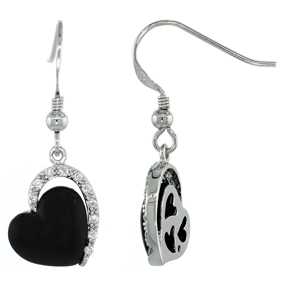 Sterling Silver Black Enameled Heart Dangle Earrings w/ Brilliant Cut CZ Stones, 1 1/4 in. (32 mm) tall