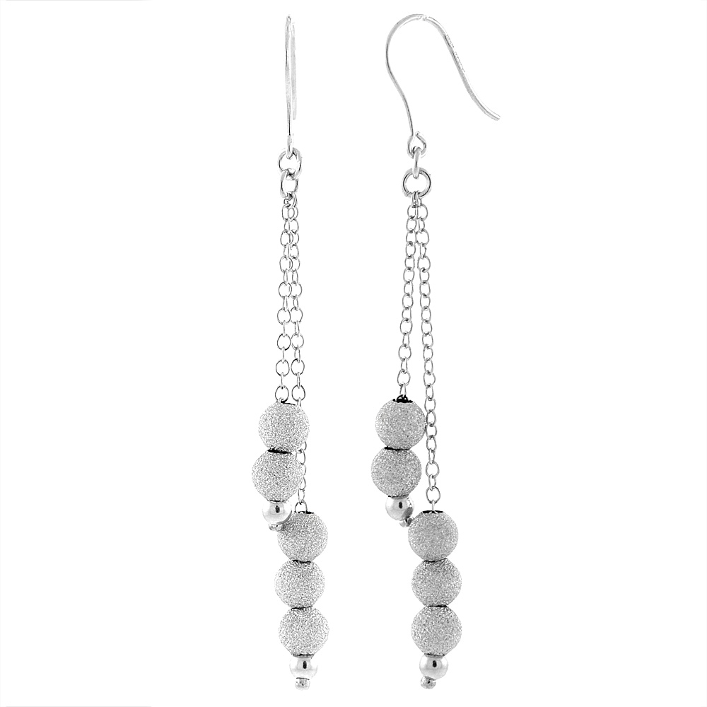 Sterling Silver Double Strand Stardust Bead Dangling Fishhook Earrings, 2.5 inch long