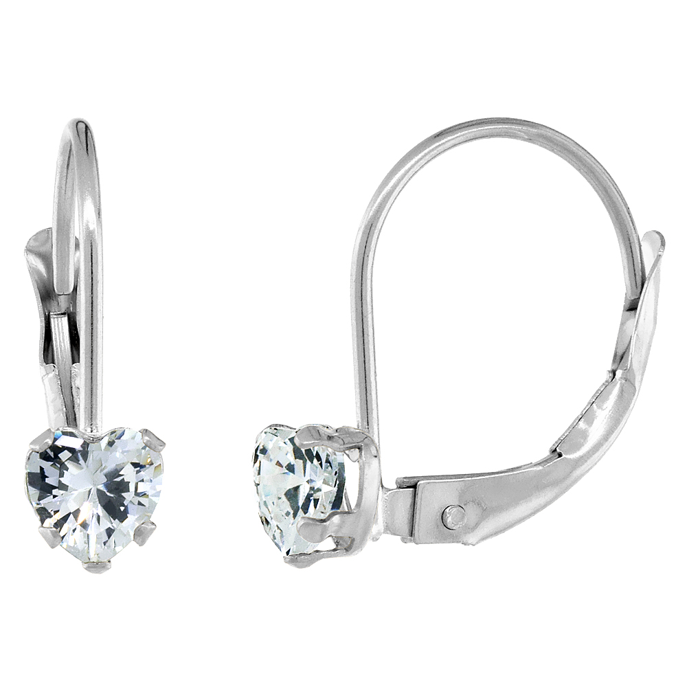 10k White Gold Cubic Zirconia Leverback Earrings 4mm Heart Shape 0.50 ct, 9/16 inch