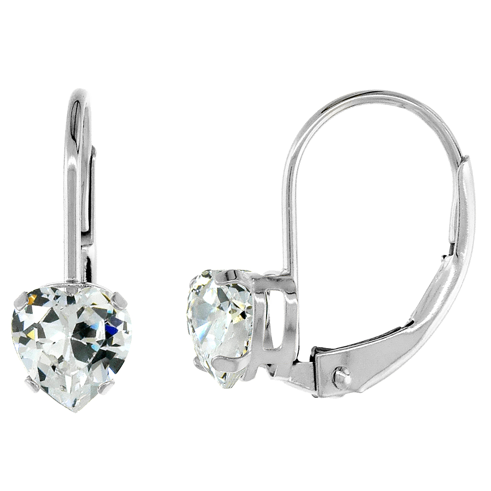 10k White Gold Cubic Zirconia Leverback Earrings 5mm Heart Shape 1 ct, 9/16 inch