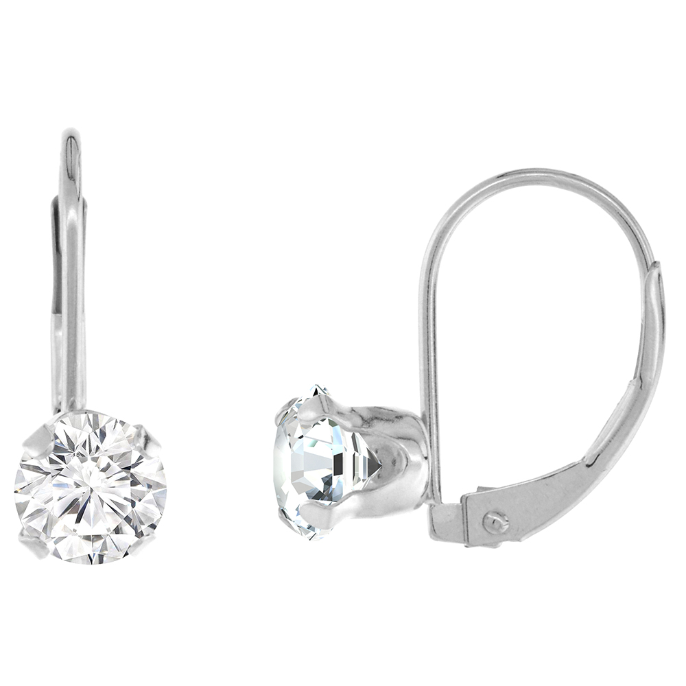 10k White Gold Cubic Zirconia Leverback Earrings 6mm Round 1.5 ct, 9/16 inch