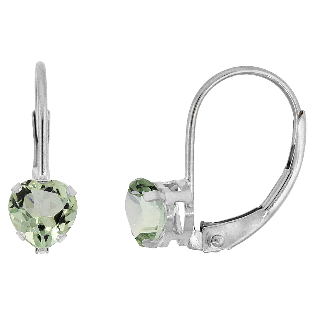 10k White Gold Natural Green Amethyst Leverback Earrings 5mm Heart Shape 1 ct, 9/16 inch