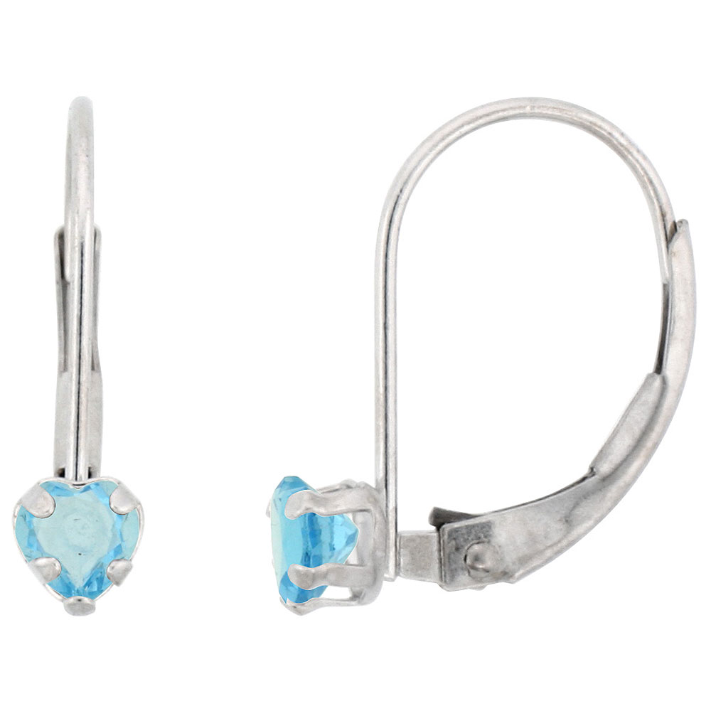 10k White Gold Natural Blue Topaz Leverback Earrings 4mm Heart Shape 0.50 ct, 9/16 inch