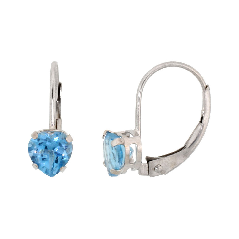 10k White Gold Natural Blue Topaz Leverback Earrings 5mm Heart Shape 1 ct, 9/16 inch