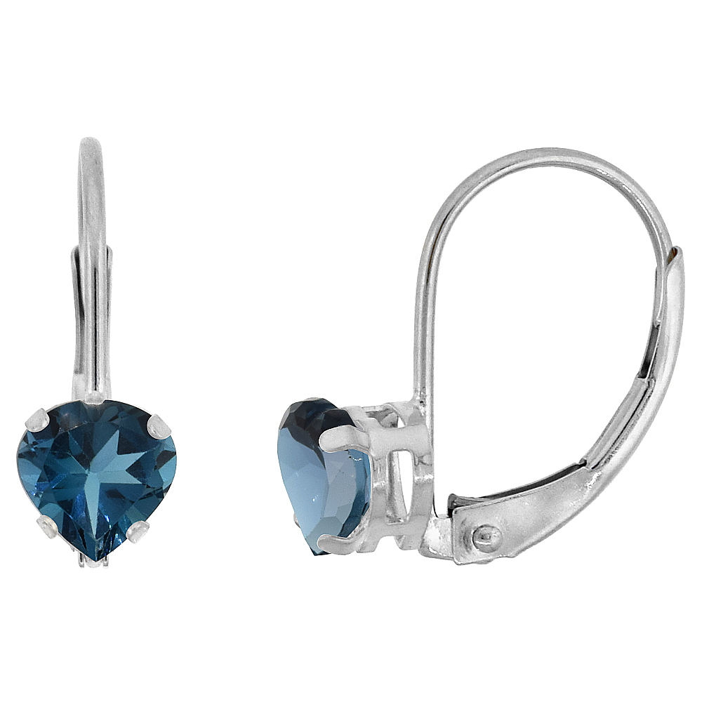 10k White Gold Natural London Blue Topaz Leverback Earrings 5mm Heart Shape 1 ct, 9/16 inch