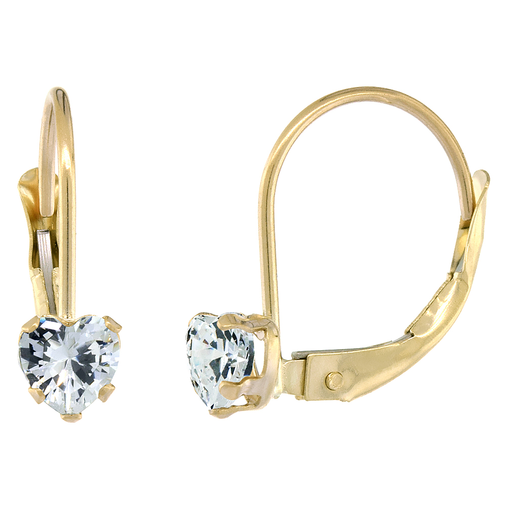 10k Yellow Gold Cubic Zirconia Leverback Earrings 4mm Heart Shape 0.50 ct, 9/16 inch