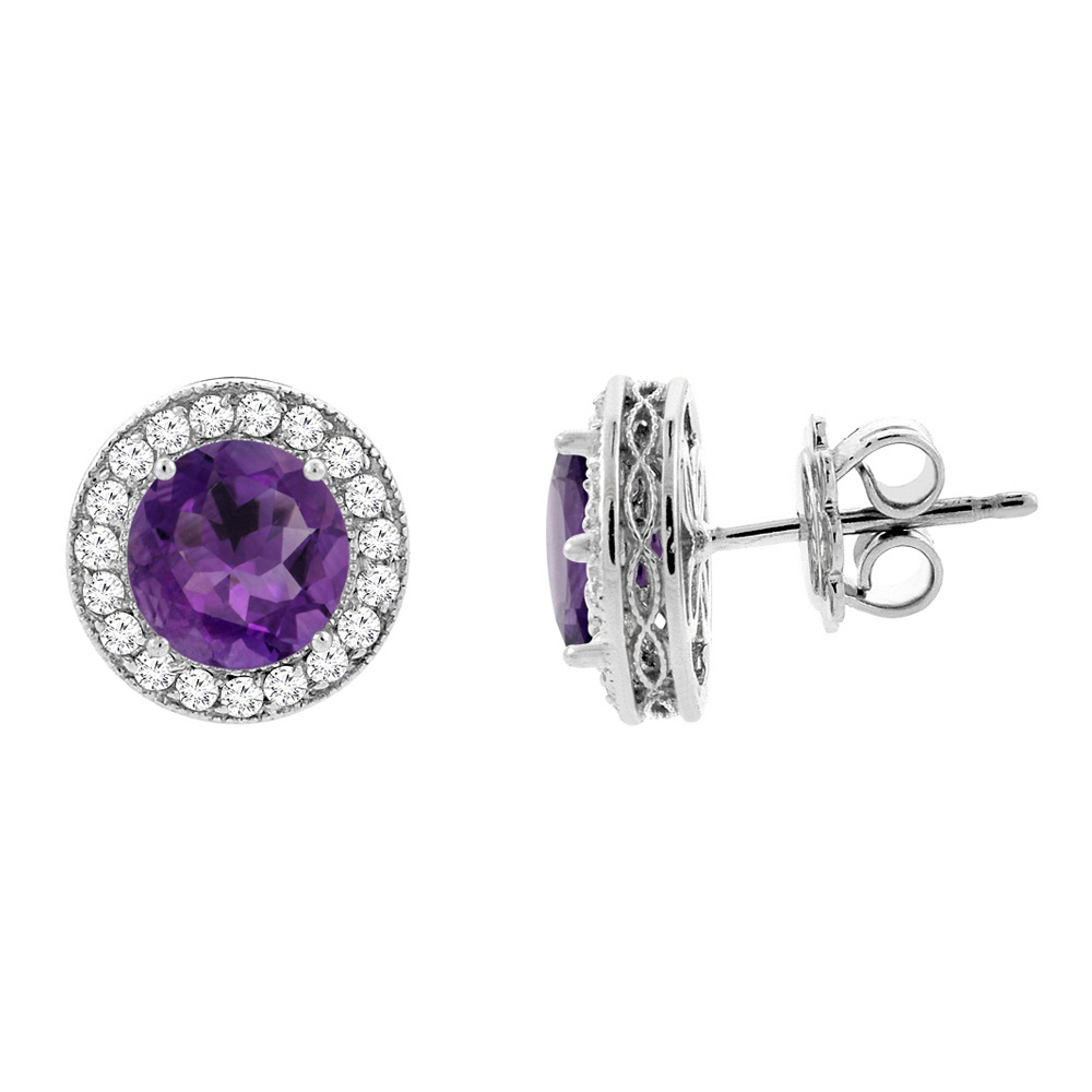 14K White Gold Natural Amethyst Halo Earrings with Diamond Accent, 3/16 inch wide