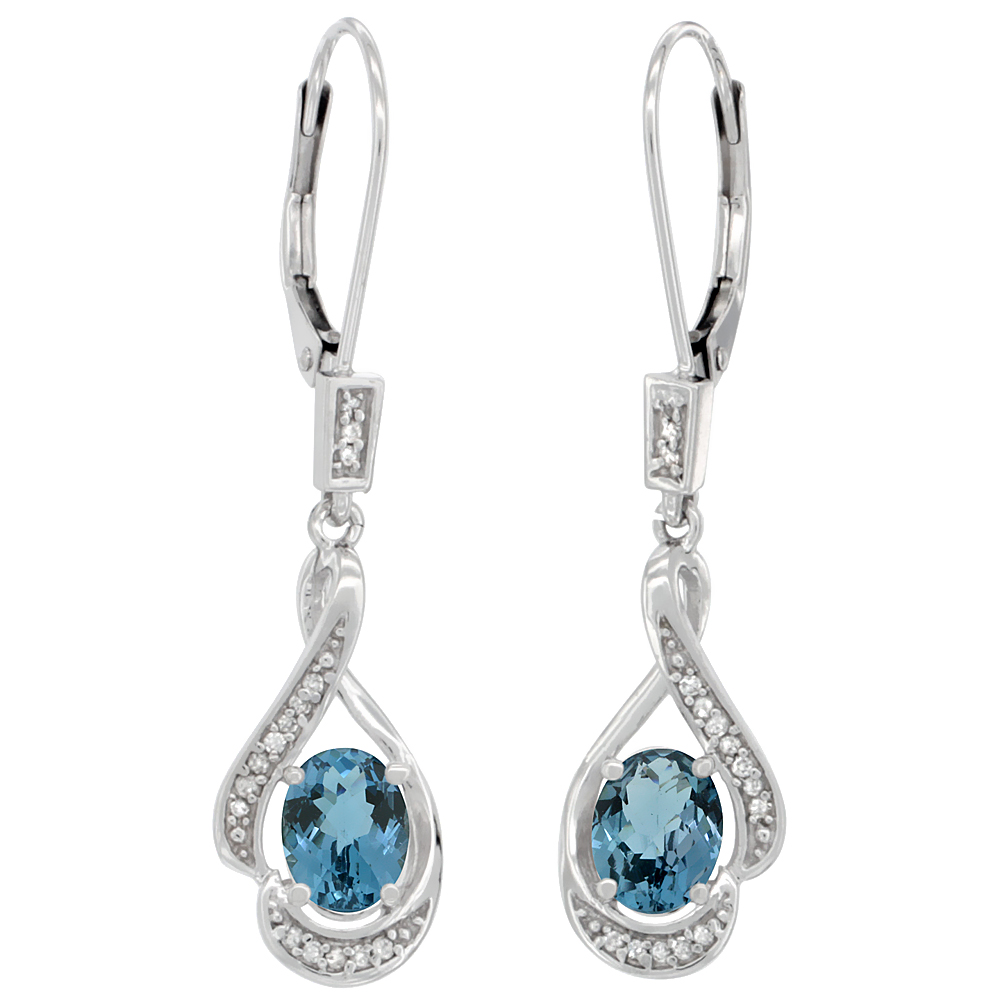 14K White Gold Diamond Natural London Blue Topaz Leverback Earrings Oval 7x5mm,1 7/16 inch long
