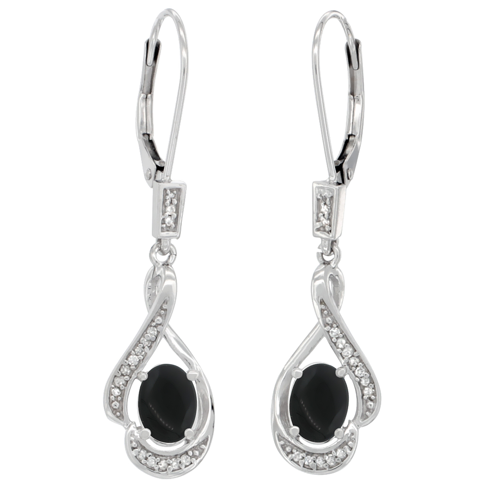 14K White Gold Diamond Natural Black Onyx Leverback Earrings Oval 7x5 mm, 1 7/16 inch long
