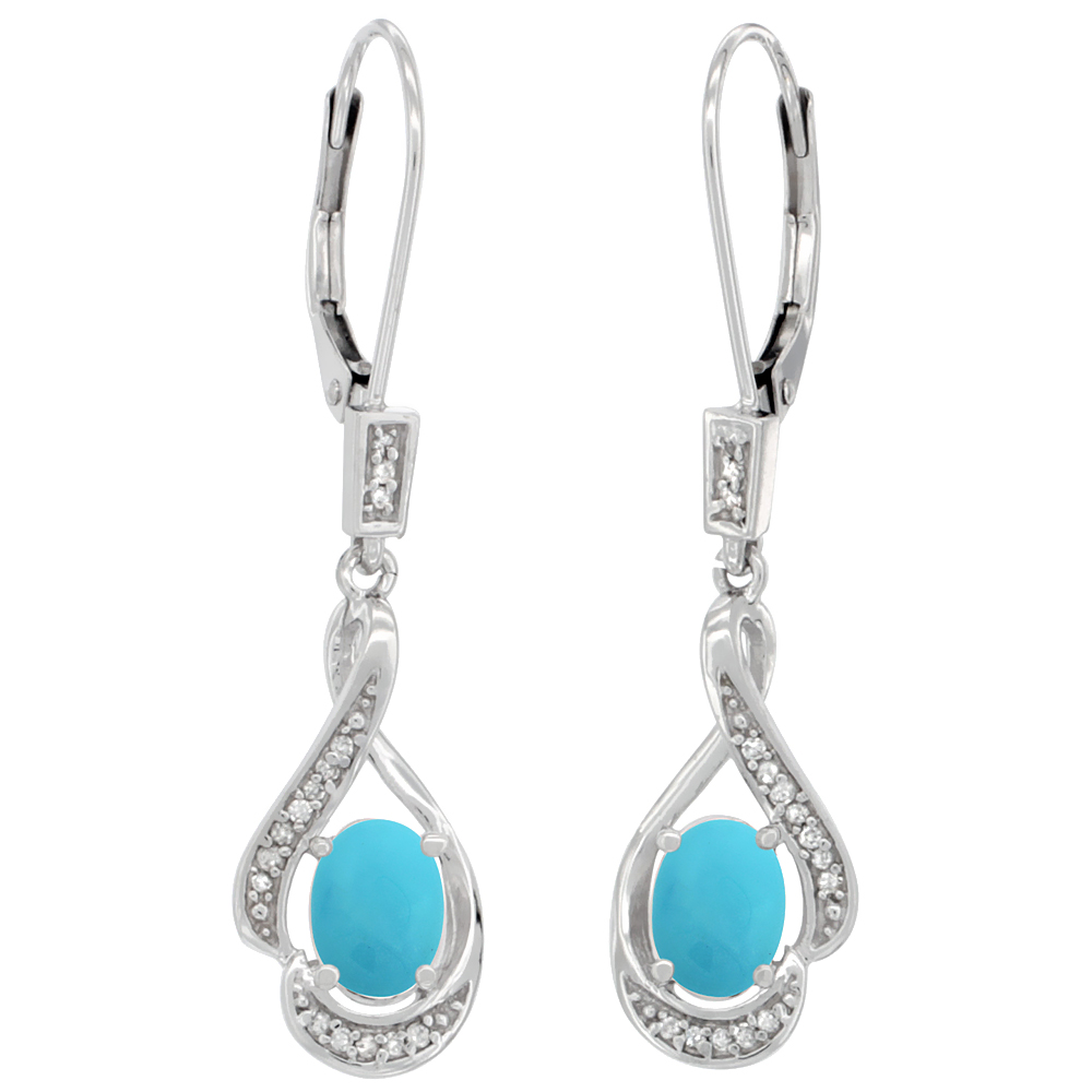 14K White Gold Diamond Natural Turquoise Leverback Earrings Oval 7x5 mm, 1 7/16 inch long