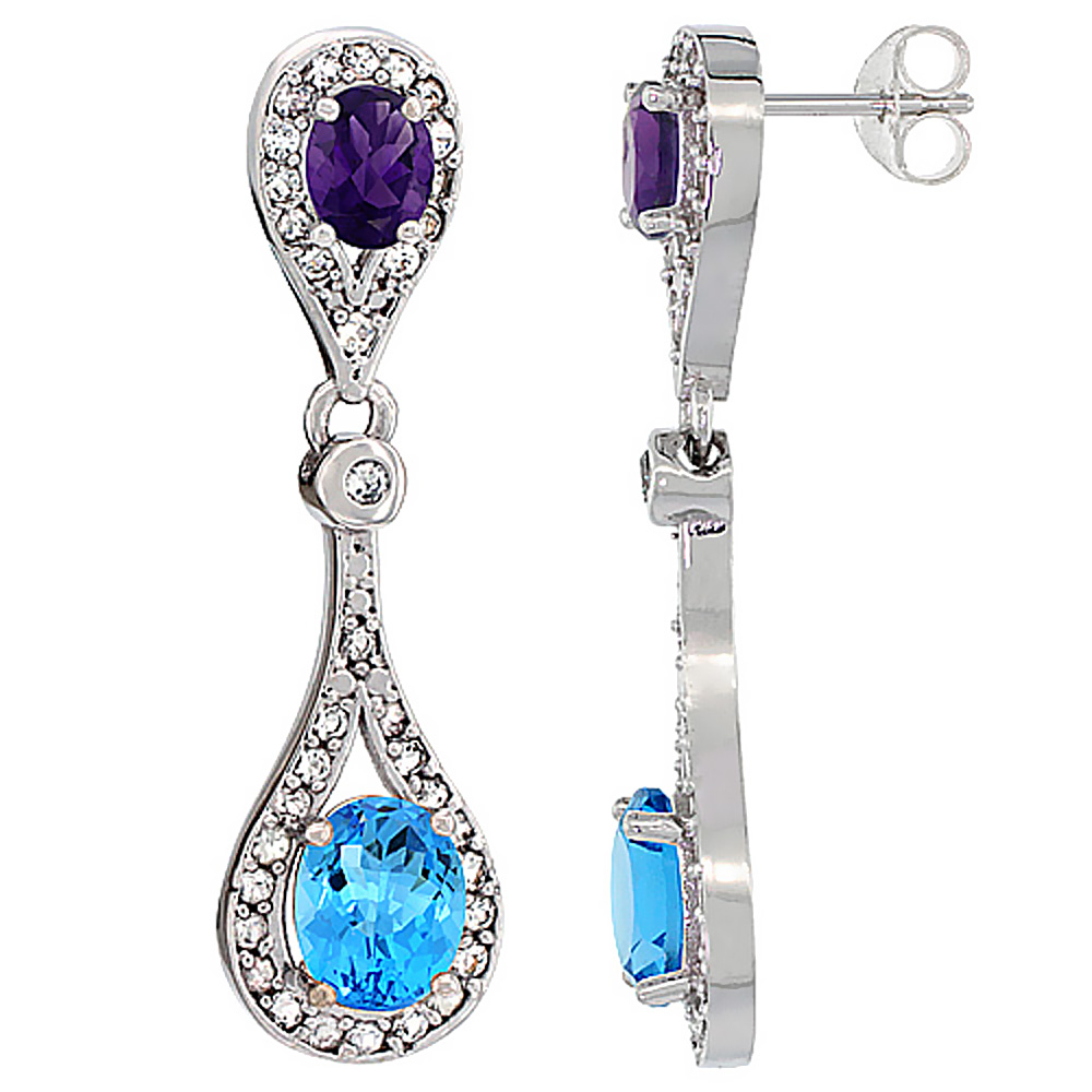 14K White Gold Natural Swiss Blue Topaz &amp; Amethyst Oval Dangling Earrings White Sapphire &amp; Diamond Accents, 1 3/8 inches long