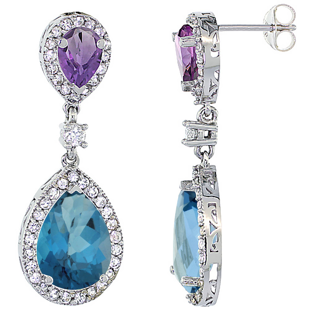 10K White Gold Natural London Blue Topaz &amp; Amethyst Teardrop Earrings White Sapphire &amp; Diamond