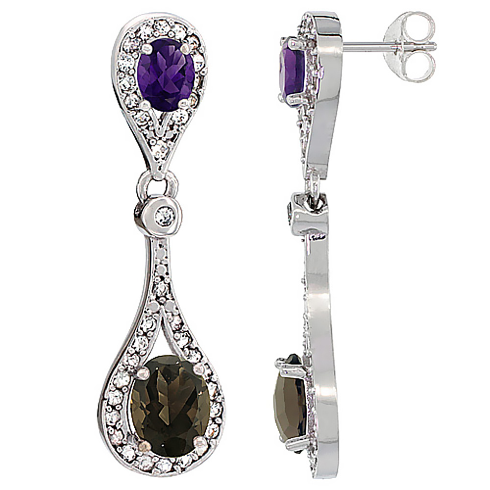 14K White Gold Natural Smoky Topaz &amp; Amethyst Oval Dangling Earrings White Sapphire &amp; Diamond Accents, 1 3/8 inches long