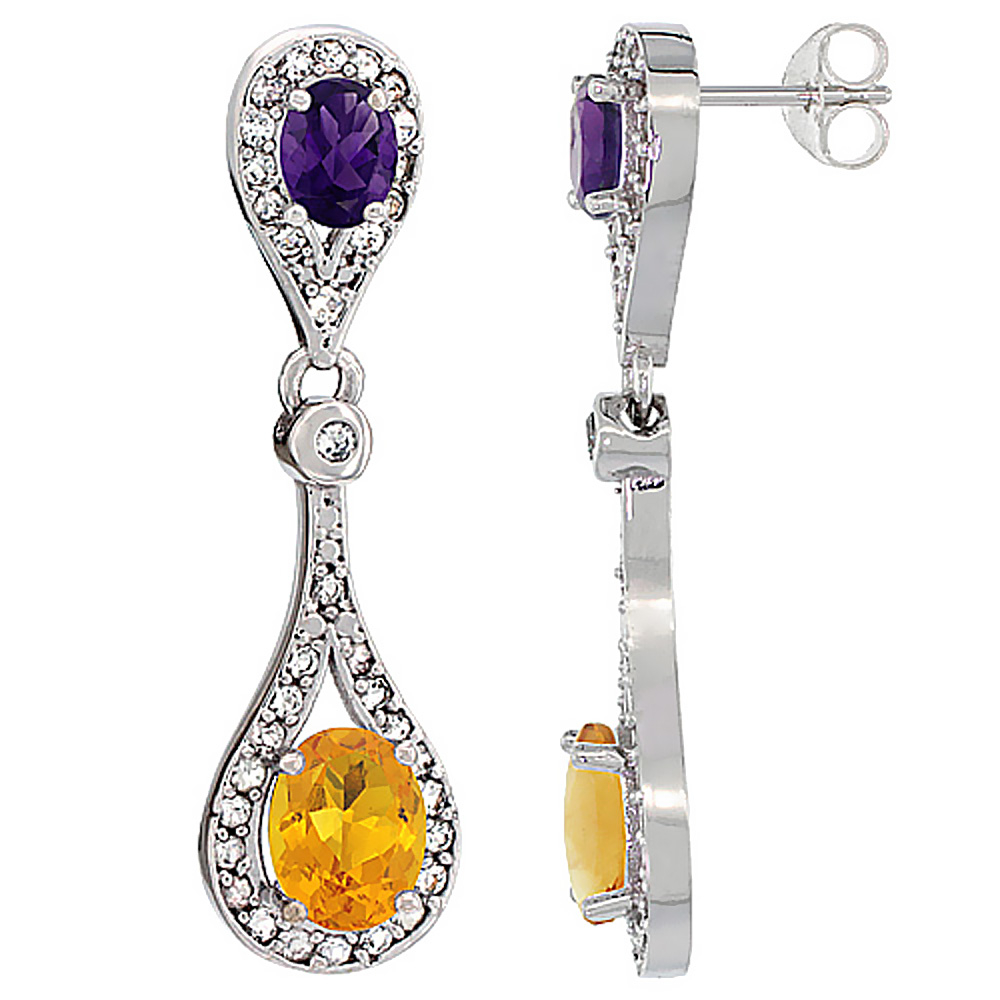 10K White Gold Natural Citrine & Amethyst Oval Dangling Earrings White Sapphire & Diamond Accents, 1 3/8 inches long