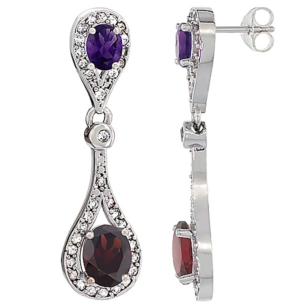 10K White Gold Natural Garnet & Amethyst Oval Dangling Earrings White Sapphire & Diamond Accents, 1 3/8 inches long