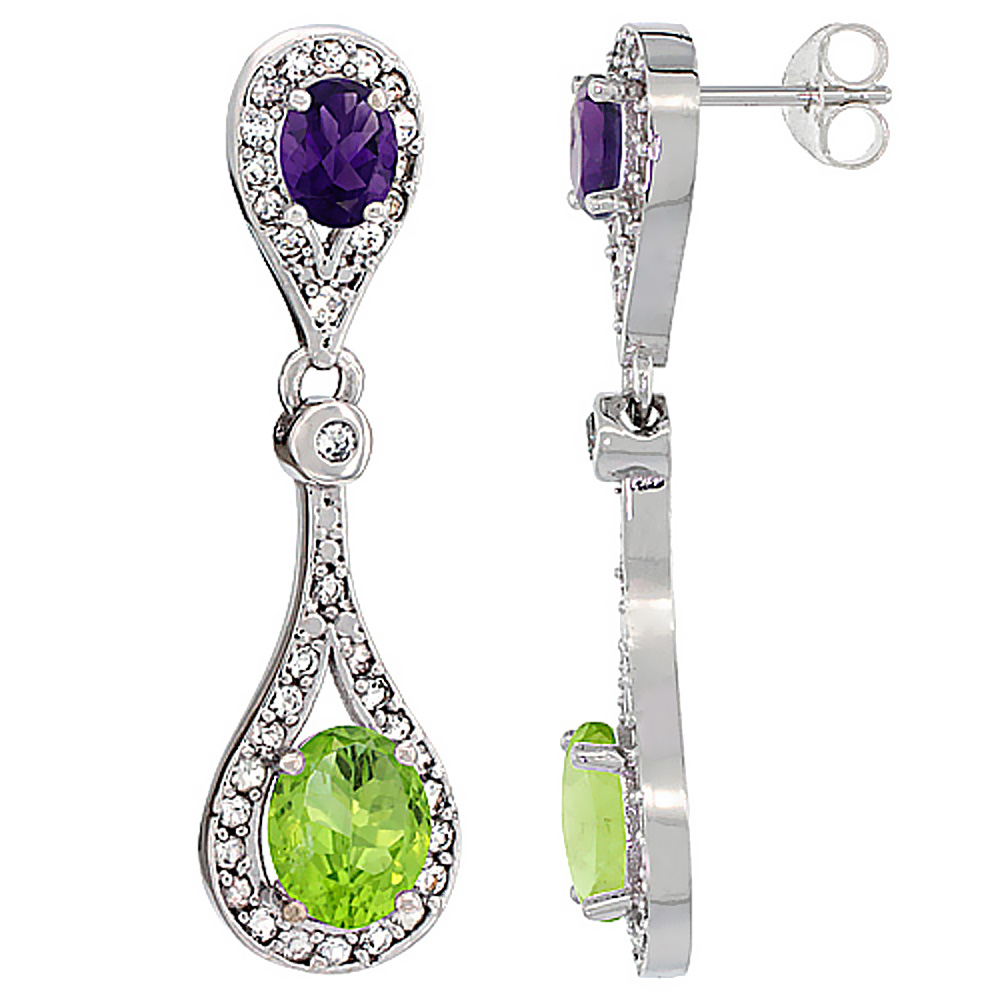10K White Gold Natural Peridot & Amethyst Oval Dangling Earrings White Sapphire & Diamond Accents, 1 3/8 inches long