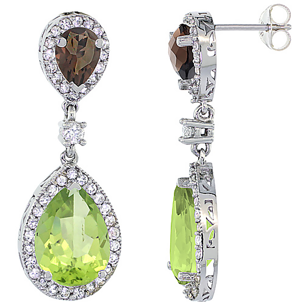 10K White Gold Natural Peridot & Smoky Topaz Teardrop Earrings White Sapphire & Diamond