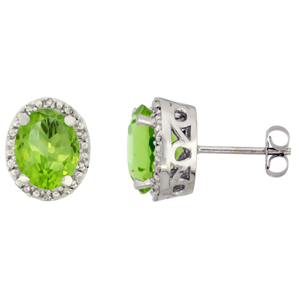 10K White Gold Genuine Peridot Stud Earrings Diamond Halo Oval 8x6 mm