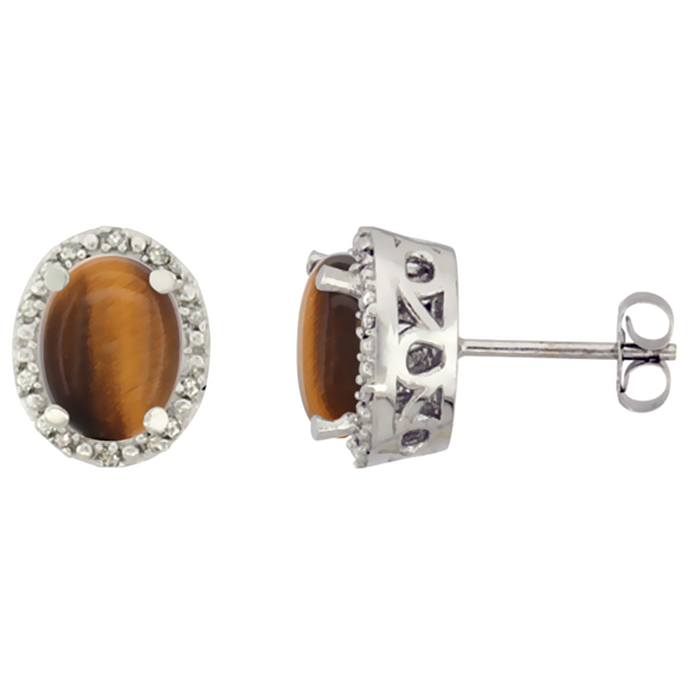 10K White Gold Genuine Tiger Eye Stud Earrings Diamond Halo Oval 8x6 mm