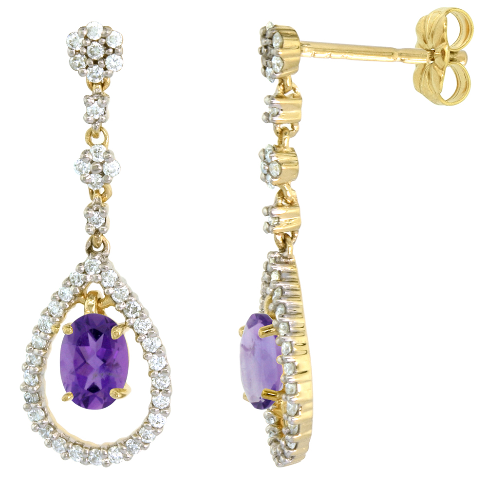 14k Gold Diamond Genuine Amethyst Dangle Earrings Teardrop 6x4 Oval 1 inch long