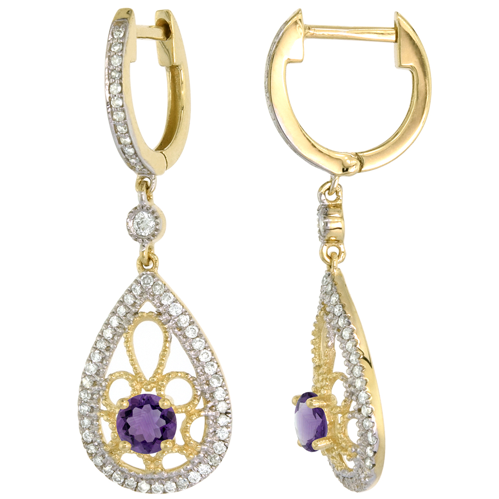 14k Yellow Gold Natural Amethyst Teardrop Earrings 3.5mm Round with 0.47 cttw Diamonds 3/4 inch long