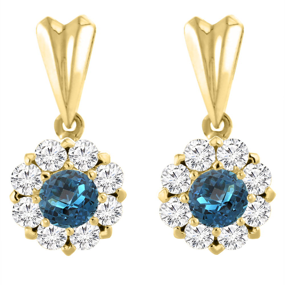 14K Yellow Gold Natural London Blue Topaz Earrings with Diamond Halo Round 4 mm