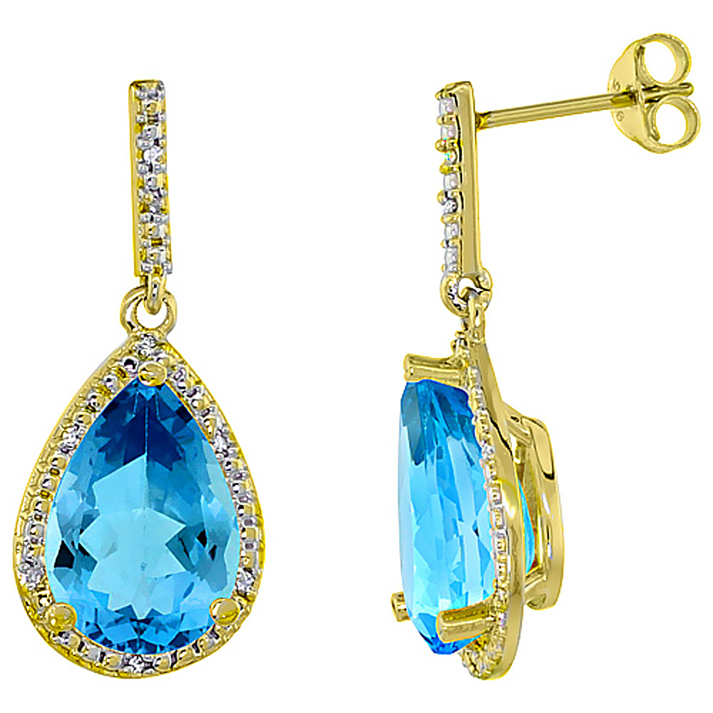 10K Yellow Gold Diamond Halo Natural Swiss Blue Topaz Dangle Earrings Pear Shaped 12x8 mm