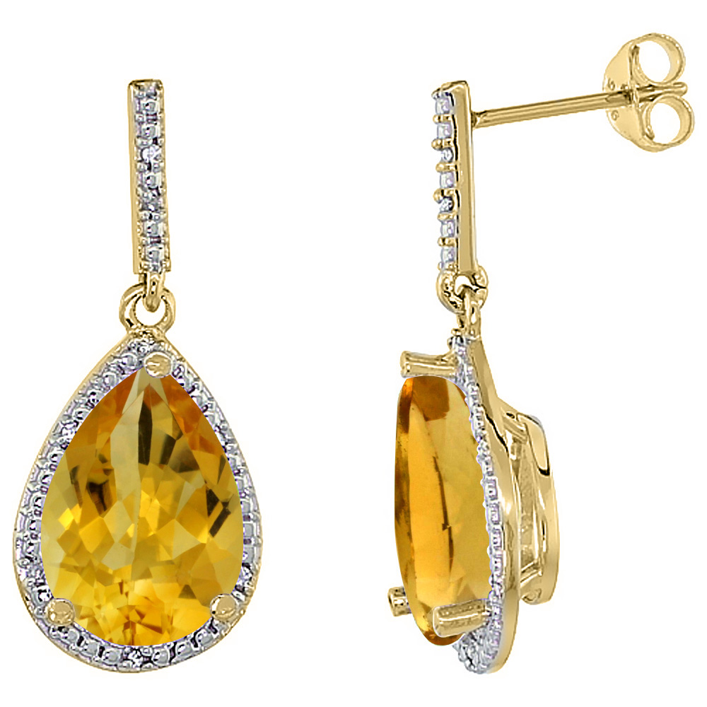 10K Yellow Gold Diamond Halo Natural Citrine Dangle Earrings Pear Shaped 12x8 mm