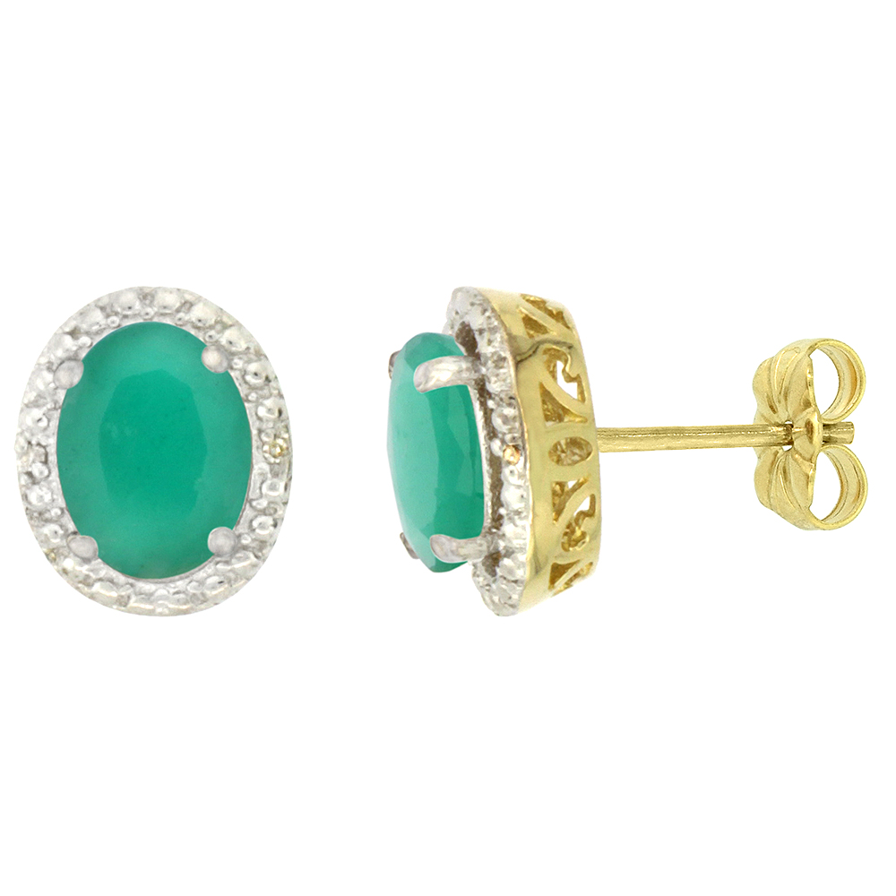 10K Yellow Gold 0.01 cttw Diamond Natural Emerald Post Earrings Oval 7x5 mm