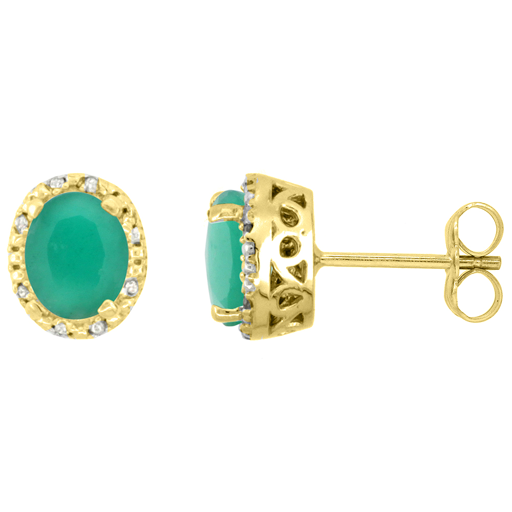 10K Yellow Gold Diamond Halo Natural Emerald Stud Earrings Oval 7x5 mm
