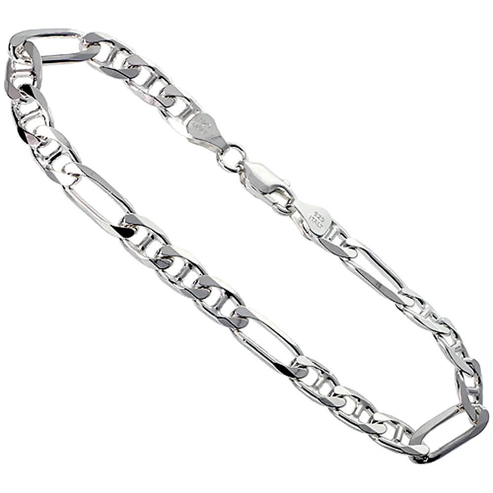Sterling Silver 6.5mm Figarucci Link Chain Necklaces &amp; Bracelets Beveled Edges Nickel Free Italy 7-30 inch