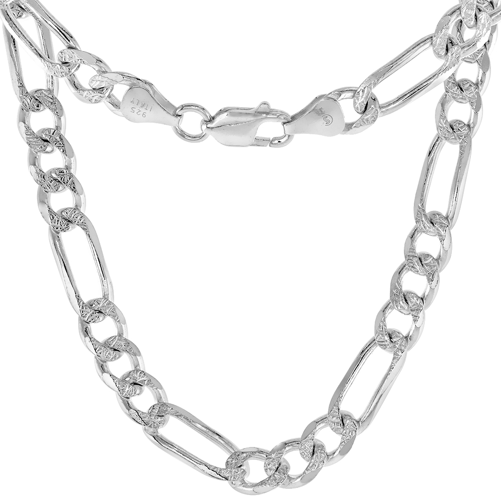 Sterling Silver Figaro Link Chain Necklace 6.6mm Pave Cut Beveled Nickel Free Italy, 7-30 inch