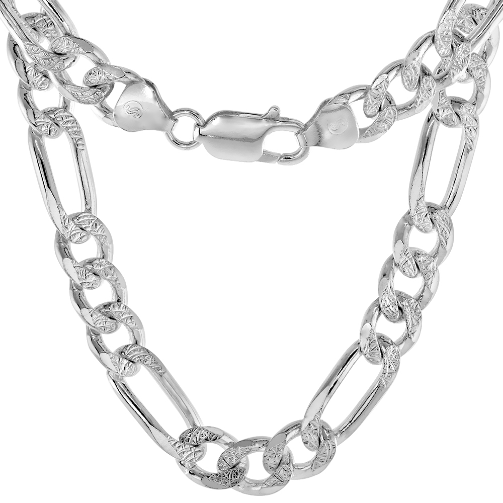 Sterling Silver Figaro Link Chain Necklaces & Bracelets 8mm Pave diamond cut Nickel Free Italy, 7-30 inch