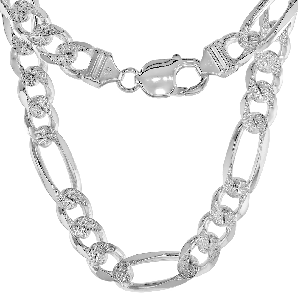 Sterling Silver Thick Figaro Link Chain Necklace 9mm Pave Cut Beveled Nickel Free Italy, 7-30 inch