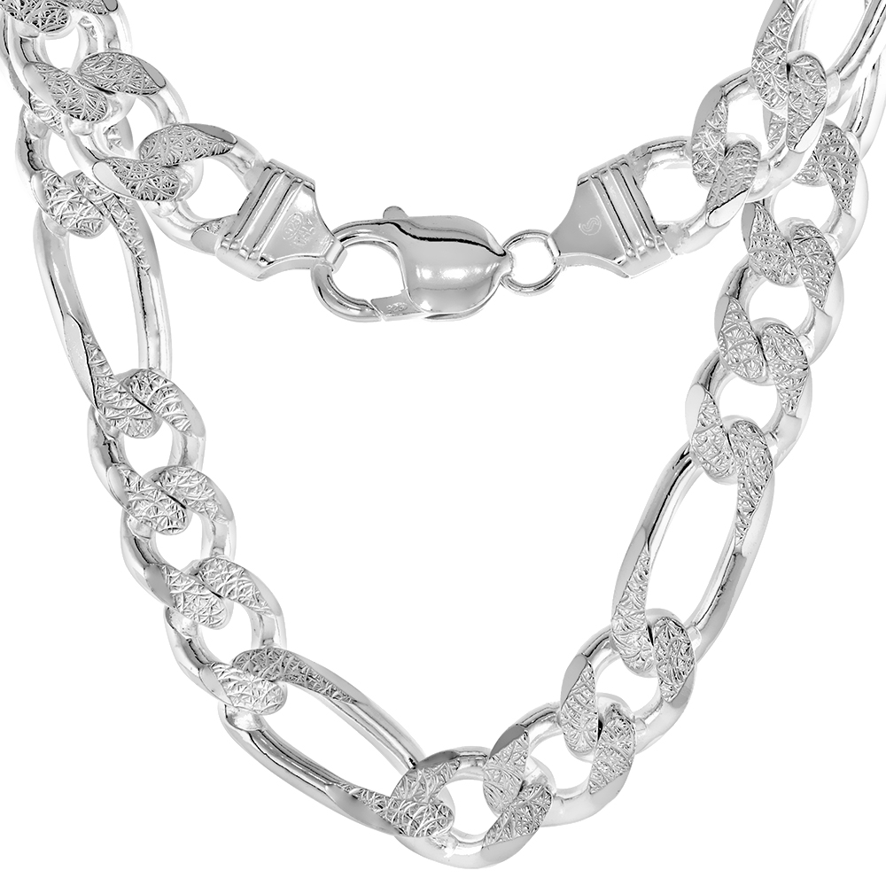 Sterling Silver Thick Figaro Link Chain Necklace 10.7mm Pave Cut Beveled Nickel Free Italy, 8-30 inch