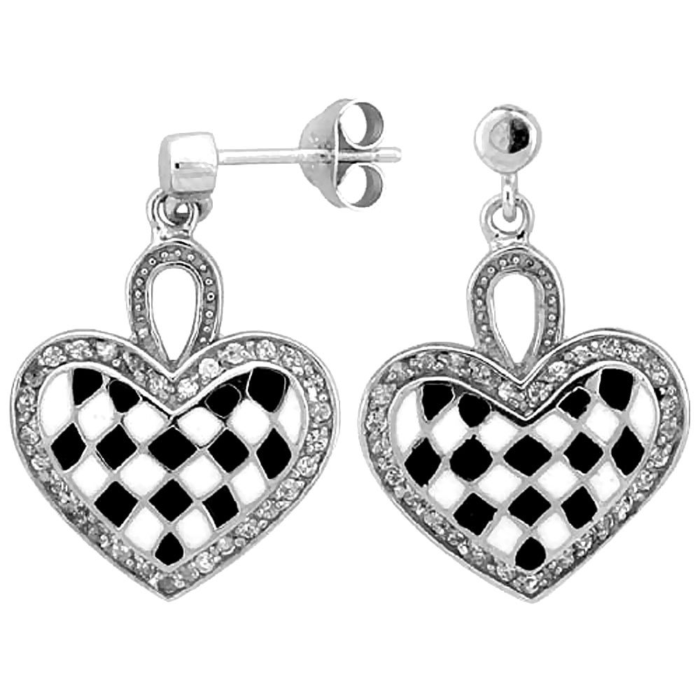 Sterling Silver Heart Dangle Earrings Black & White Enamel Checkered pattern, 7/8 inch