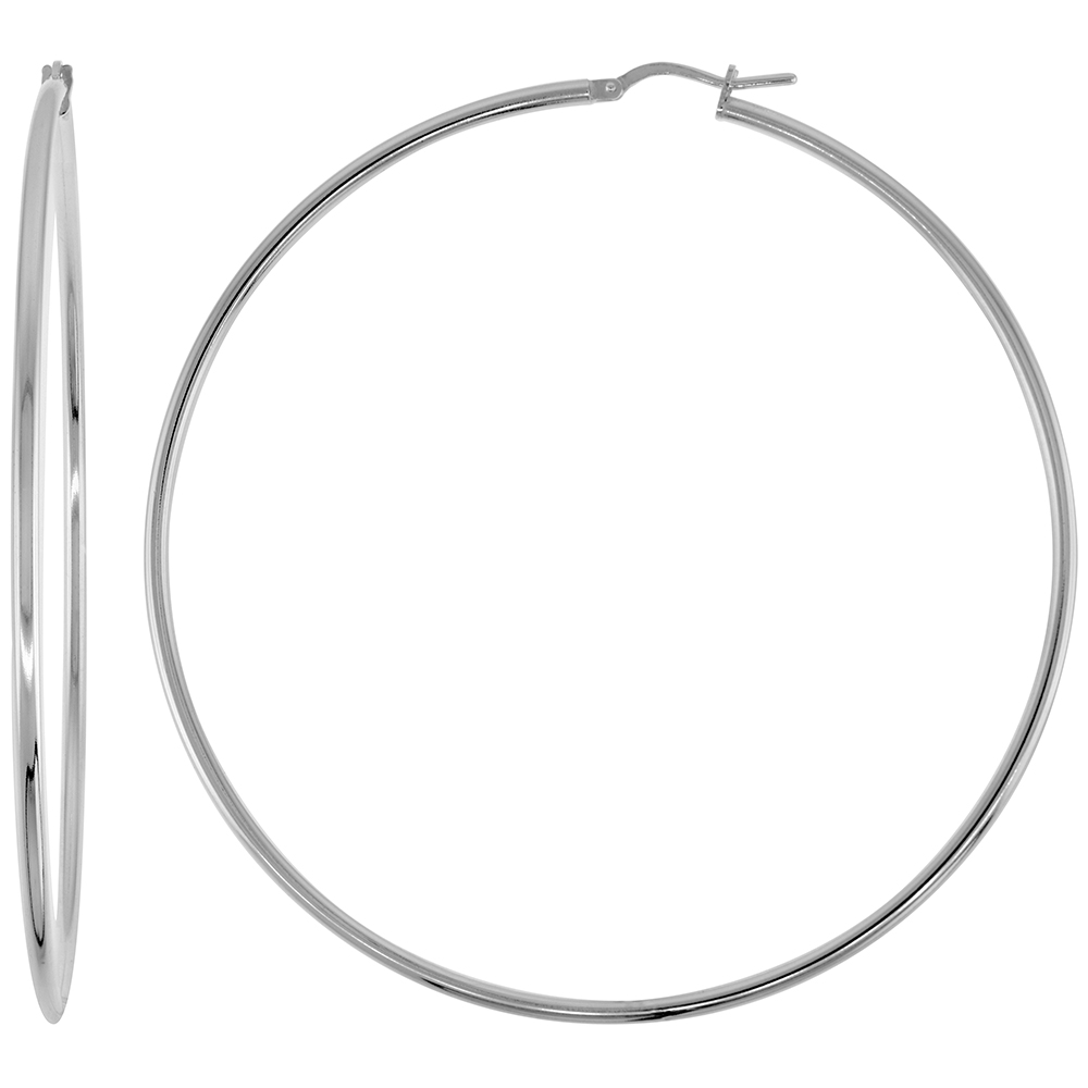 Sterling Silver Italian Hoop Earrings 2mm thin, 3 inch