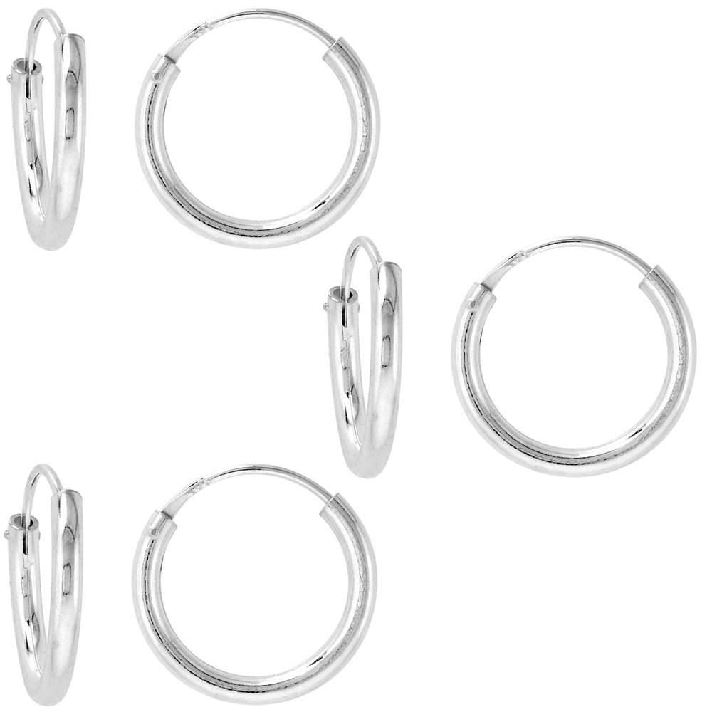 3 Pairs 2mm Thick Sterling Silver 16mm Endless Hoop Earrings 5/8 inch Round