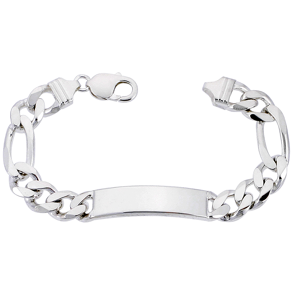Sterling Silver ID Bracelet Figaro Link 3/8 inch wide Nickel Free Italy, sizes 8 -9 inch
