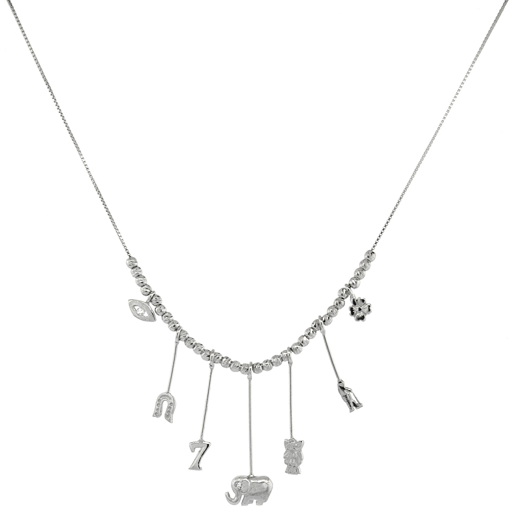 Sterling Silver Hanging Good Luck Charm Necklace Bead Spacers Rhodium Finish Italy, 17 - 19 inch