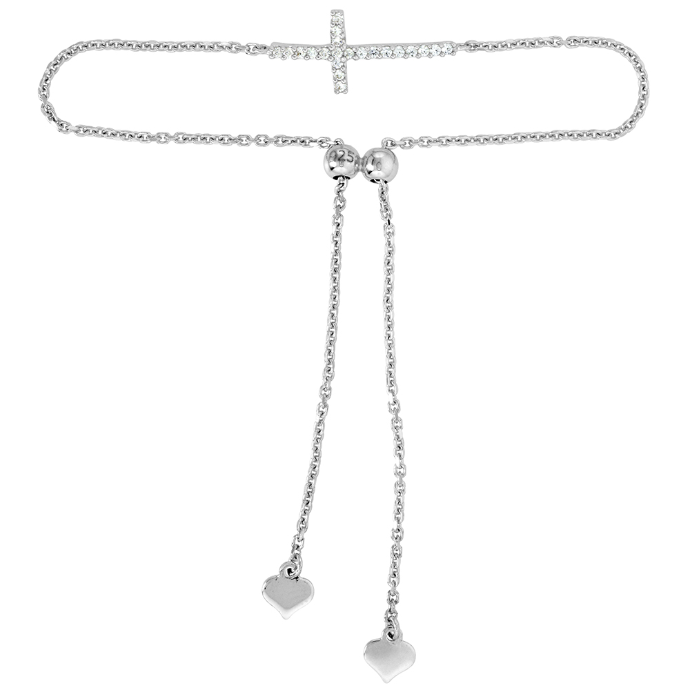 Dainty Sterling Silver Cubic Zirconia Adjustable Sideways Cross Bracelet Women 7-8 inch