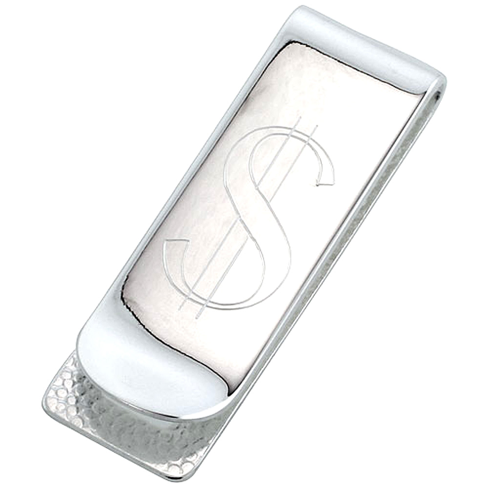 Sterling Silver Money Clip Dollar Sign Engraved Narrow Italy, 3/4 X 2 1/4 inch