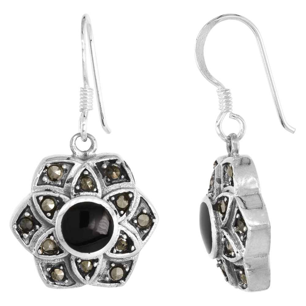 Hexagonal Sterling Silver Marcasite Black Onyx Flower Dangle Earrings Fishhook Back 5/8 inch long