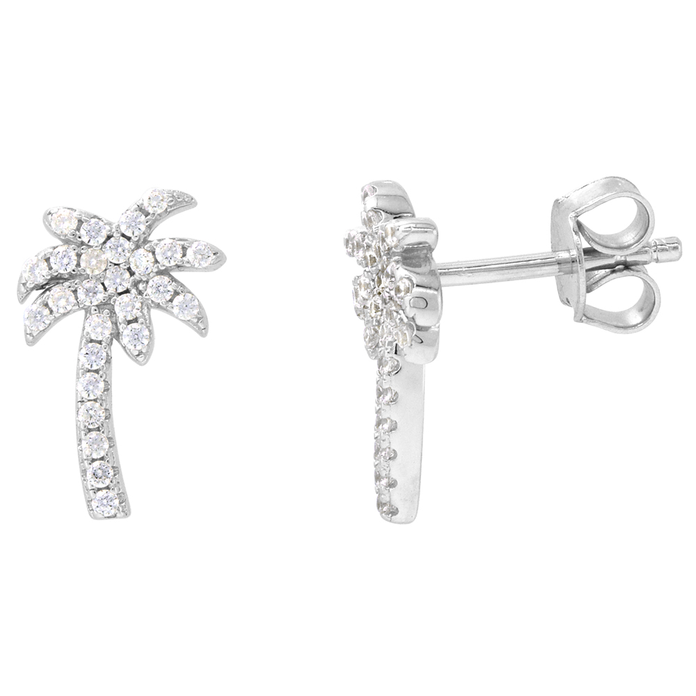 Dainty Sterling Silver Palm Tree Earrings Studs White CZ Micropave Rhodium Plated 1/2 inch (14mm) long